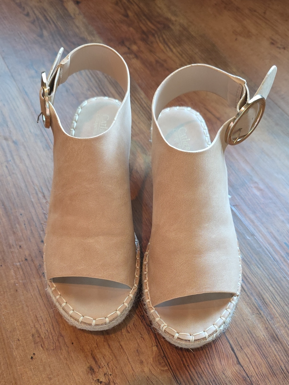 Catherine Malandrino Tan Peep-Toe Espadrille Wedges with Gold Buckle - Size 8